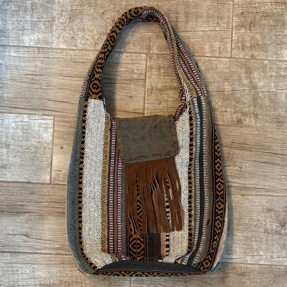 Bohemian Style Hobo Bag, Woven Pattern,Fringe Details And Slouchy Shoulder Strap